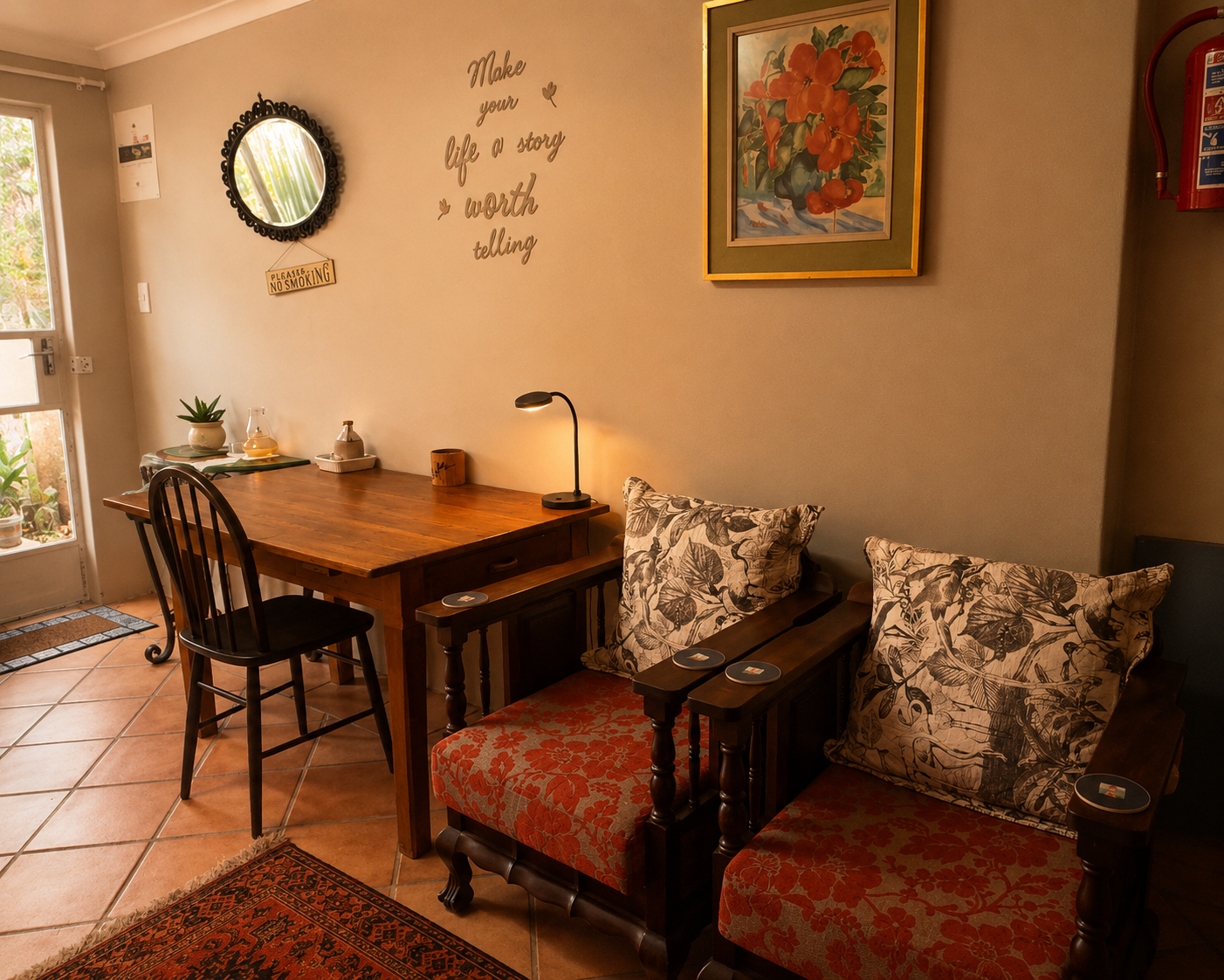 Hibiskus Suite reading corner with wooden desk, two cushioned chairs, wall art and garden entrance